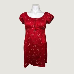 Vertiche Red Floral Mini Dress Short Puff Sleeve Tie Front Cottagecore #15